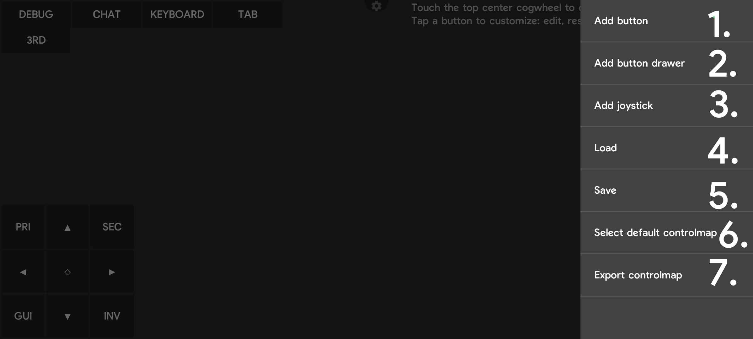 编辑器齿轮菜单：Add button 到 Export controlmap 七项