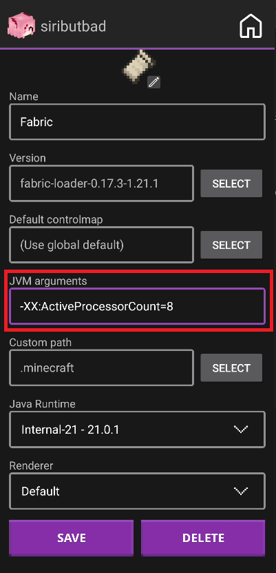 英文配置编辑器，可见 JVM arguments、Java Runtime 与 Renderer 字段