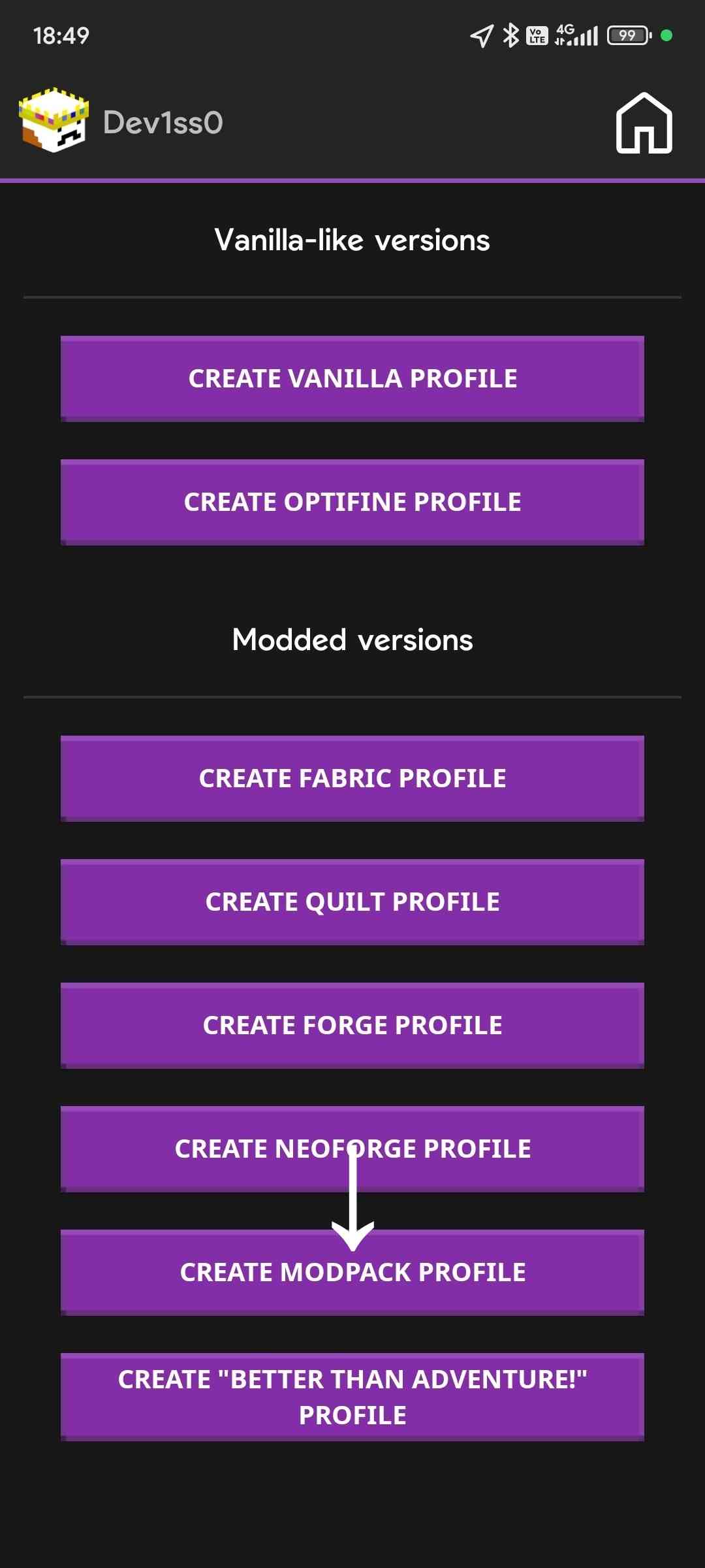 英文界面的创建配置页面，包含 CREATE MODPACK PROFILE 按钮