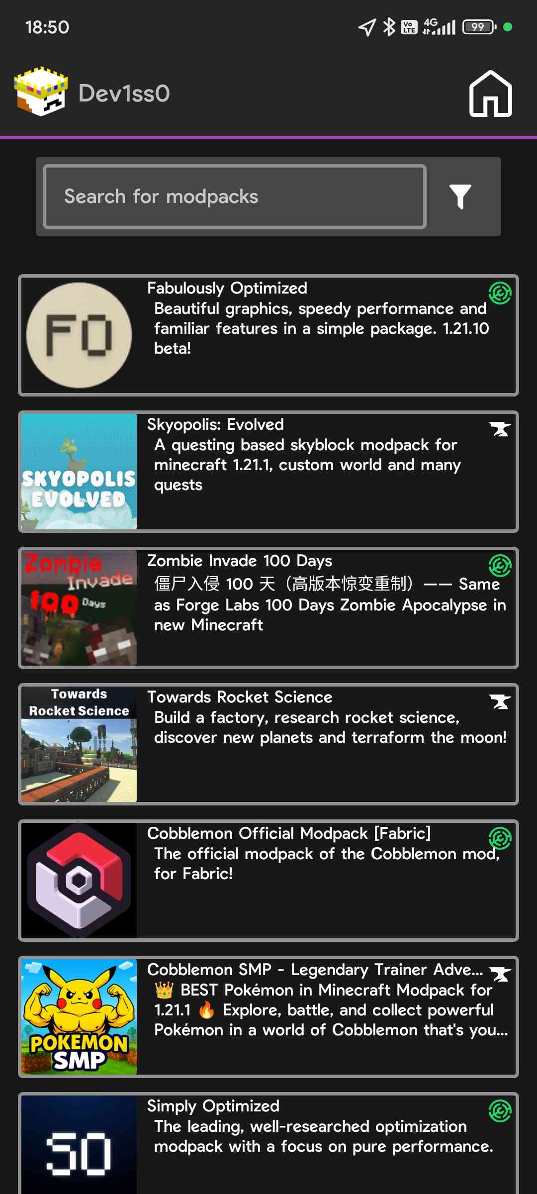 启动器内搜索整合包：列表中有 Fabulously Optimized、Skyopolis 等整合包