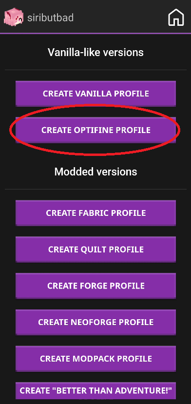 创建配置页面，红圈标出 CREATE OPTIFINE PROFILE 按钮